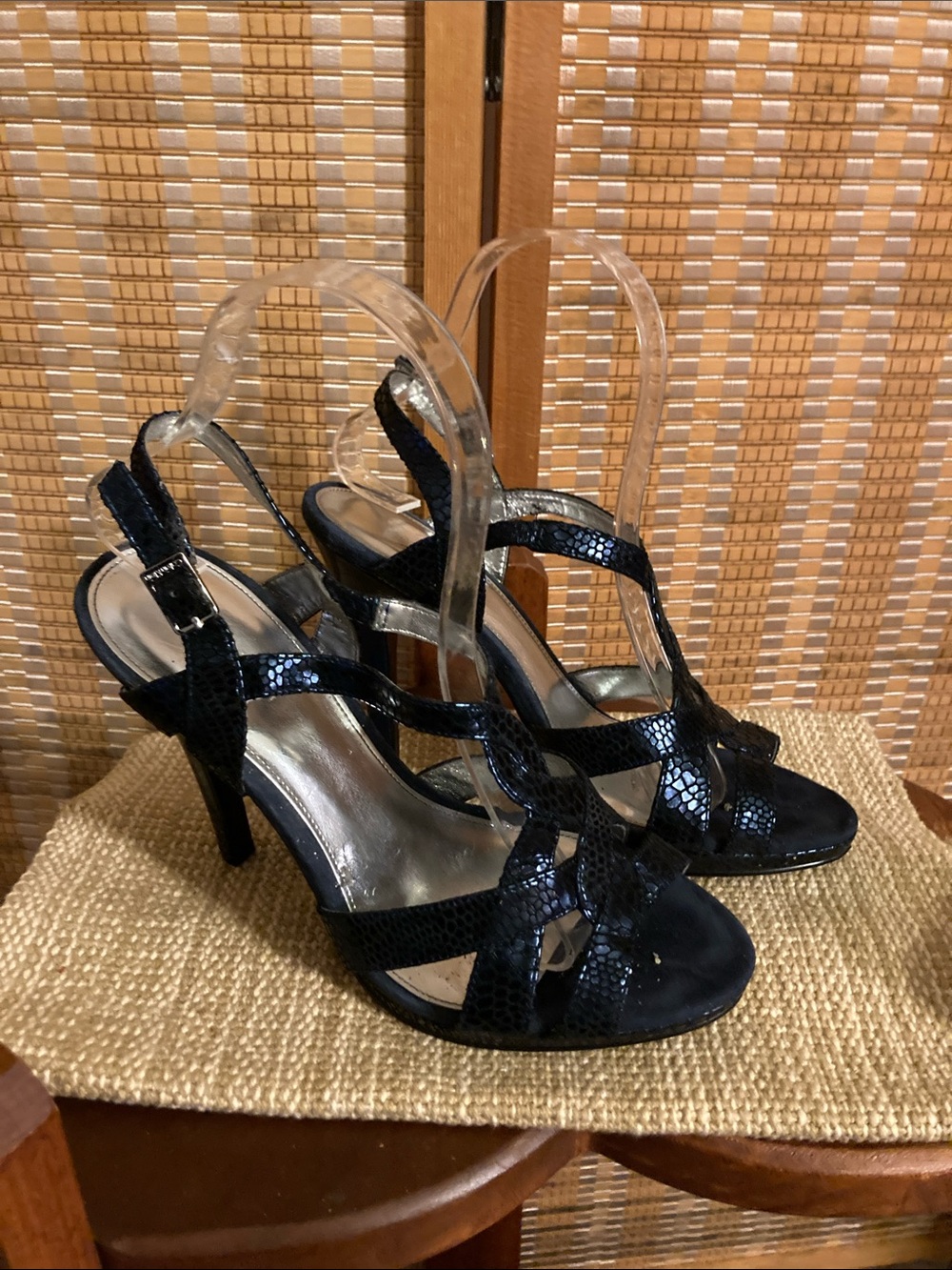 Calvin Klein | Women’s Blue Snake-Texture T-Strap Slingback Heels - Size